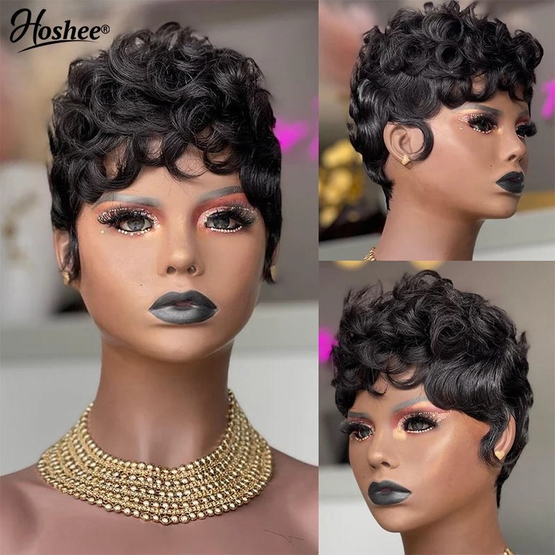 

Hoshee Short Water Wave Black Natural Color Glueless Wear And Go Human Hair Wig Full Machine Made Pixie Bob Cut Wigs For Woman