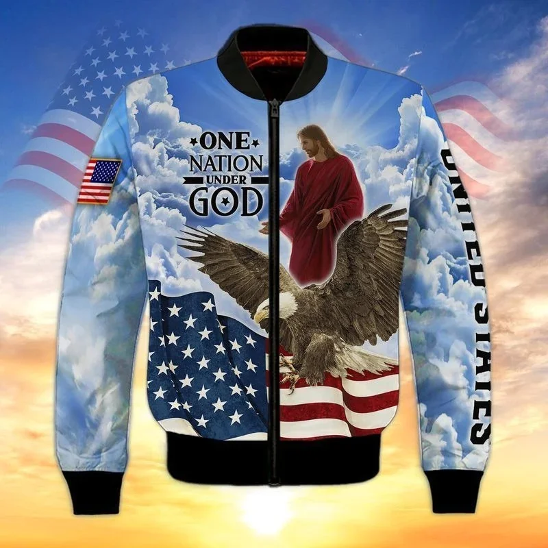 thumbnail image 1 of Chaqueta con estampado de Jesucristo para hombre, con bandera estadounidense de águila, estampada en 3D, de manga larga, informal, de gran tamaño, con cremallera, abrigo de calle, 1 of 4