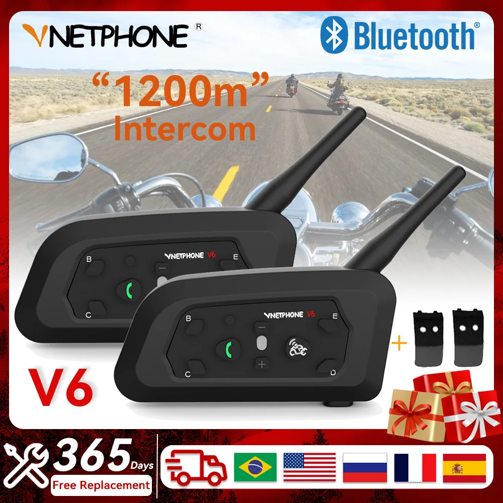 Vnetphone V6 Motorcycle Intercom Bluetooth5.0 Helmet Headset Waterproof 6 Riders 1200m Communicator 850mAh Ear Interphone V6 Pro