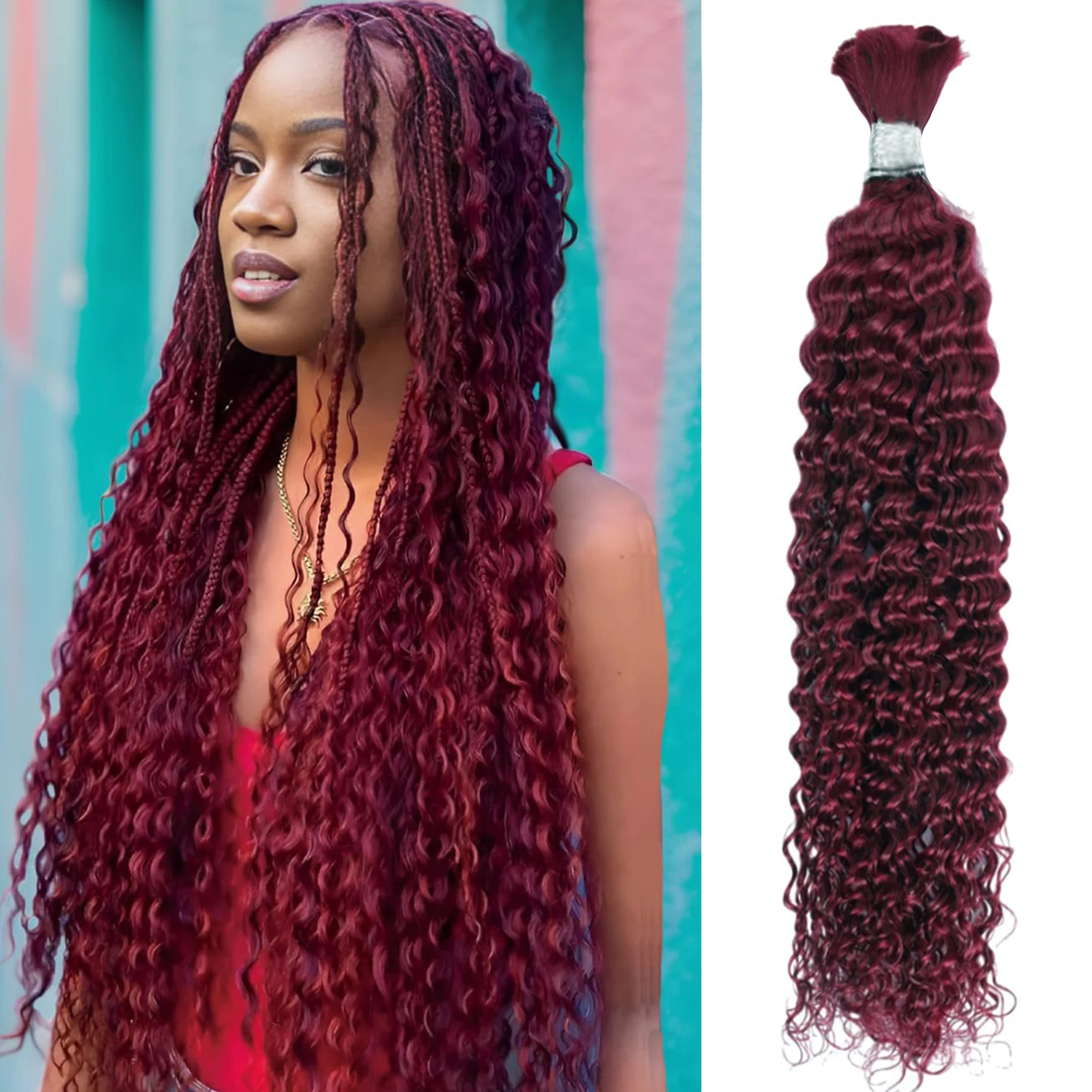 #99j Burgundy Human Hair Bulk for Braiding 16-24 inch Dark Wine Deep Wave Jerry Curly Boho Braids Hair Bulk Extension Bobbi human hair extensions,human hair bundles,braiding hair extensions,human braiding hair