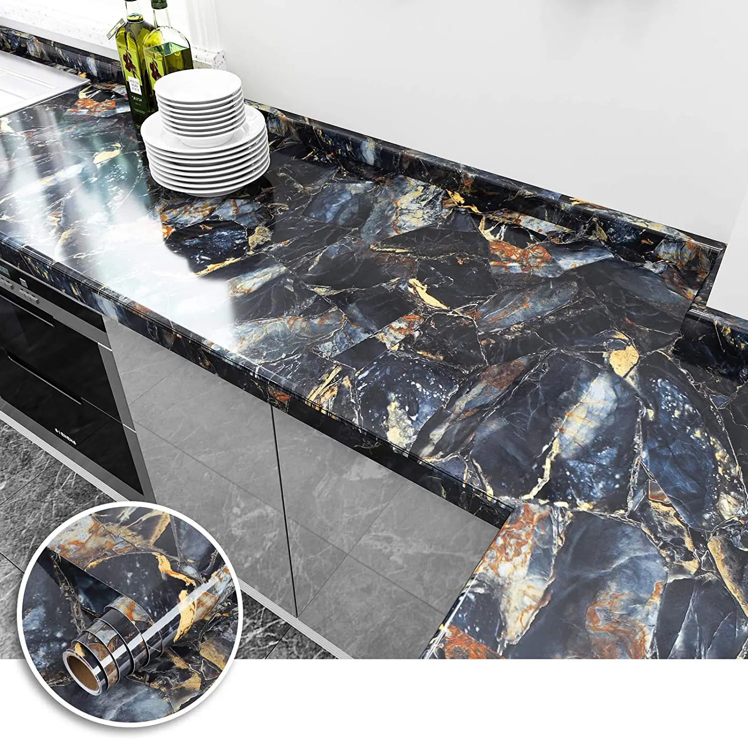 

Navy Marble Wallpaper, Removable Cabinet, Countertop ，Kitchen ，Waterproof， Furniture， Home Bedroom Self-Adhesive Wallpaper