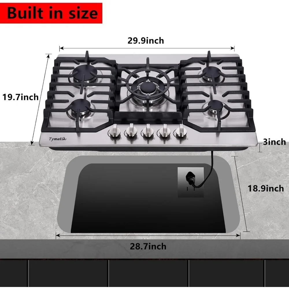 Gas Cooktop 5 High Efficiency Burners Gas Stovetop Stainless Steel Built-in Gas Stove Top Propane/Natural Gas Convertible 3