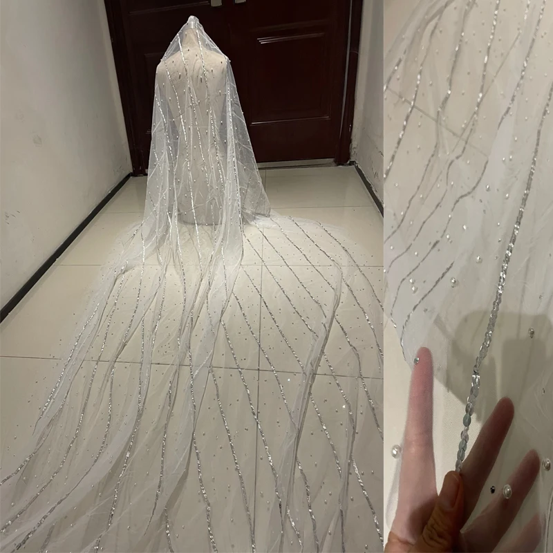 

300cm Length Pearls Wedding Veil 200cm Width 1T Bling Bling Sequined Luxurious Bride Veil Bridal Veils Without Comb