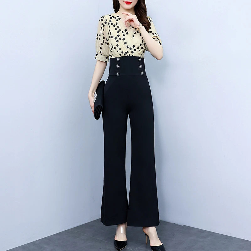 

V Neck Sexy Puff Sleeves Waist Slim Polka Dot Print Jumpsuit Women Double Breasted Wide Leg Trousers Jumpsuit