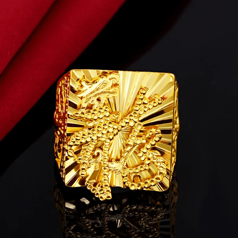 18K Pure Gold Color Adjustable Rings for Men Gold Dragon Ring Open
