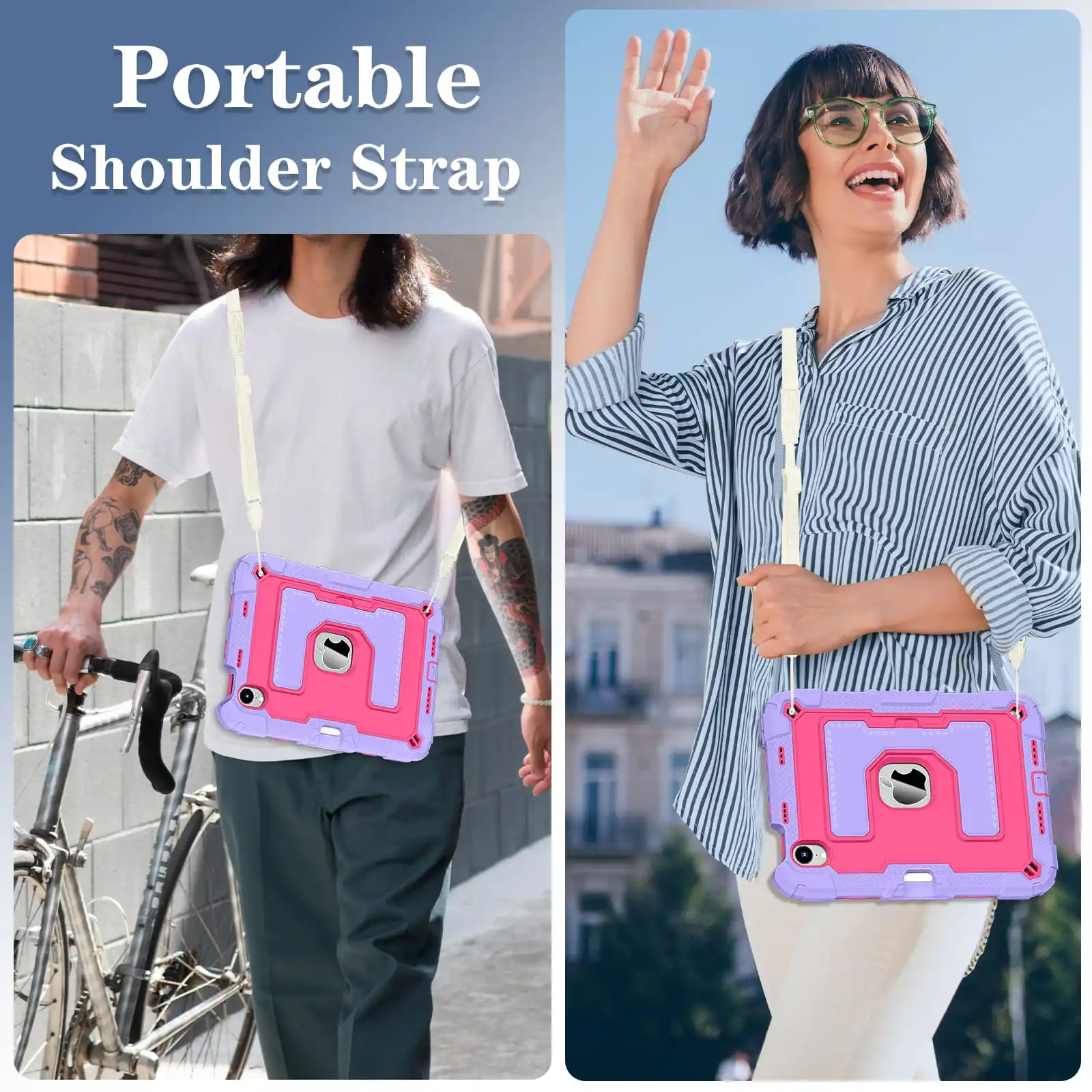 Shockproof iPad Mini Case with Handle Stand and Pen Tray - Non-toxic Soft Silicone Protective Cover with Shoulder Straps