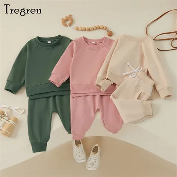 Tregren 유아 소년 의류, 가을 의상, 단색, 크루넥, 긴팔 스웻셔츠, 바지, 2 개 세트, 운동복, 0-3 세