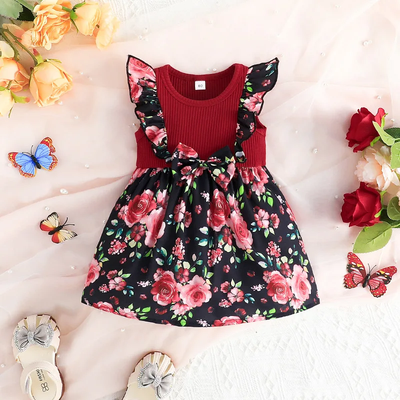 

Summer 2023 New Arrivals Girls Sleeveless O Neck Ruffles Print Floral Black Infantil Menina Cute Party Dress Custume 12M-5T