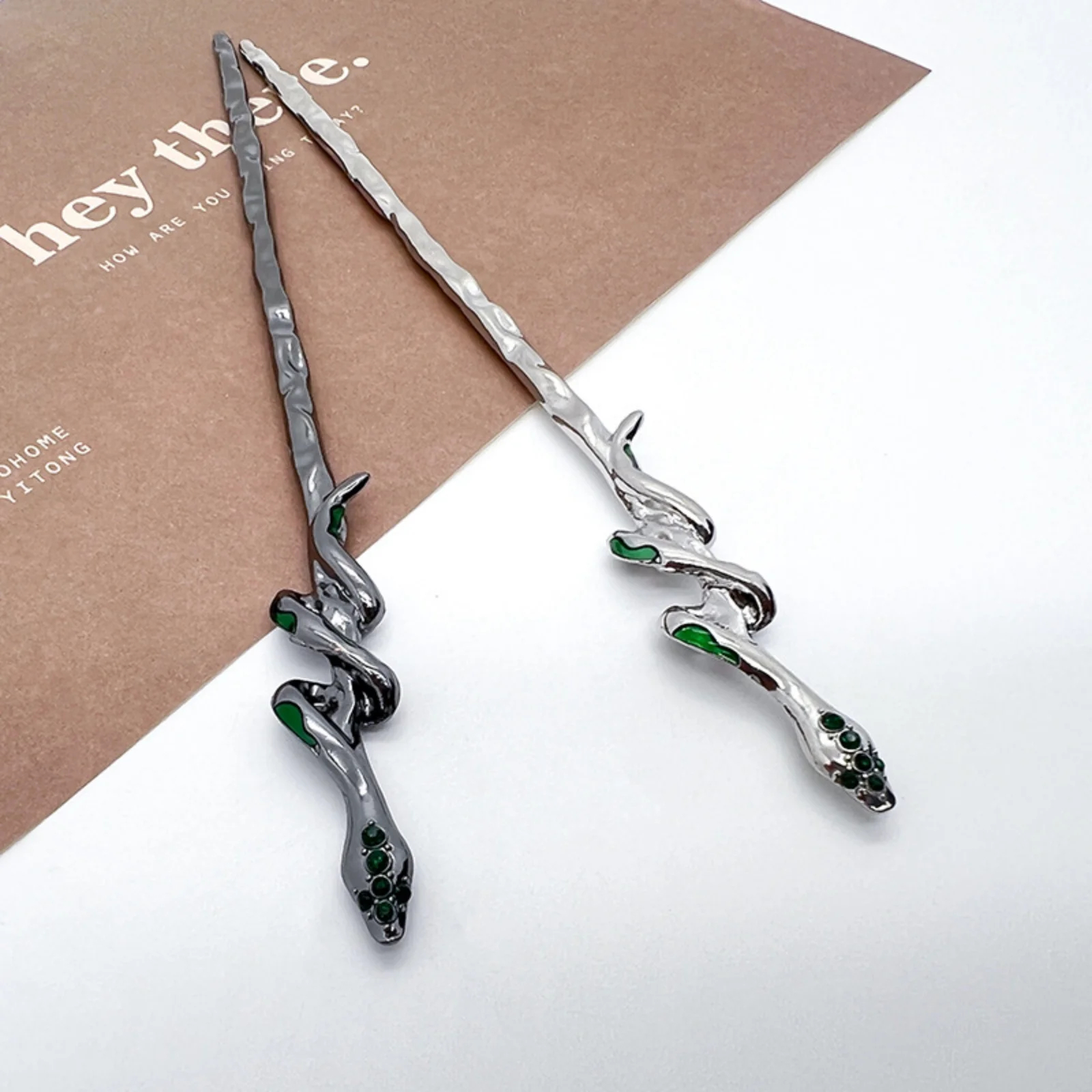 1PC  Snake - Shaped Metal Hair Sticks, Gold & Silver Hairpins with Green Accents, Gothic - Style Hair Accessories for Women