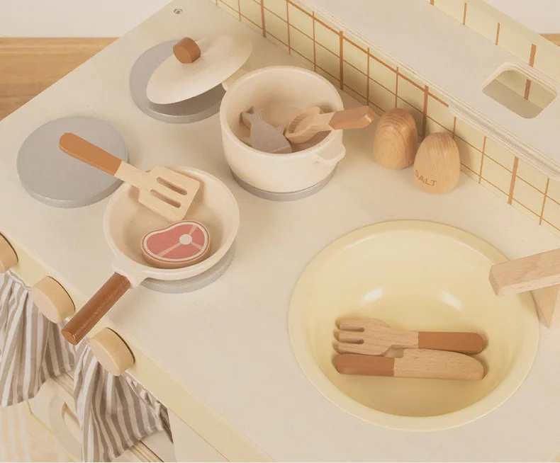 62cm High Quality Wooden Simulate kitchen toy set pot slice knife and fork fish meat Play house Interactive Toys baby girl gift 5