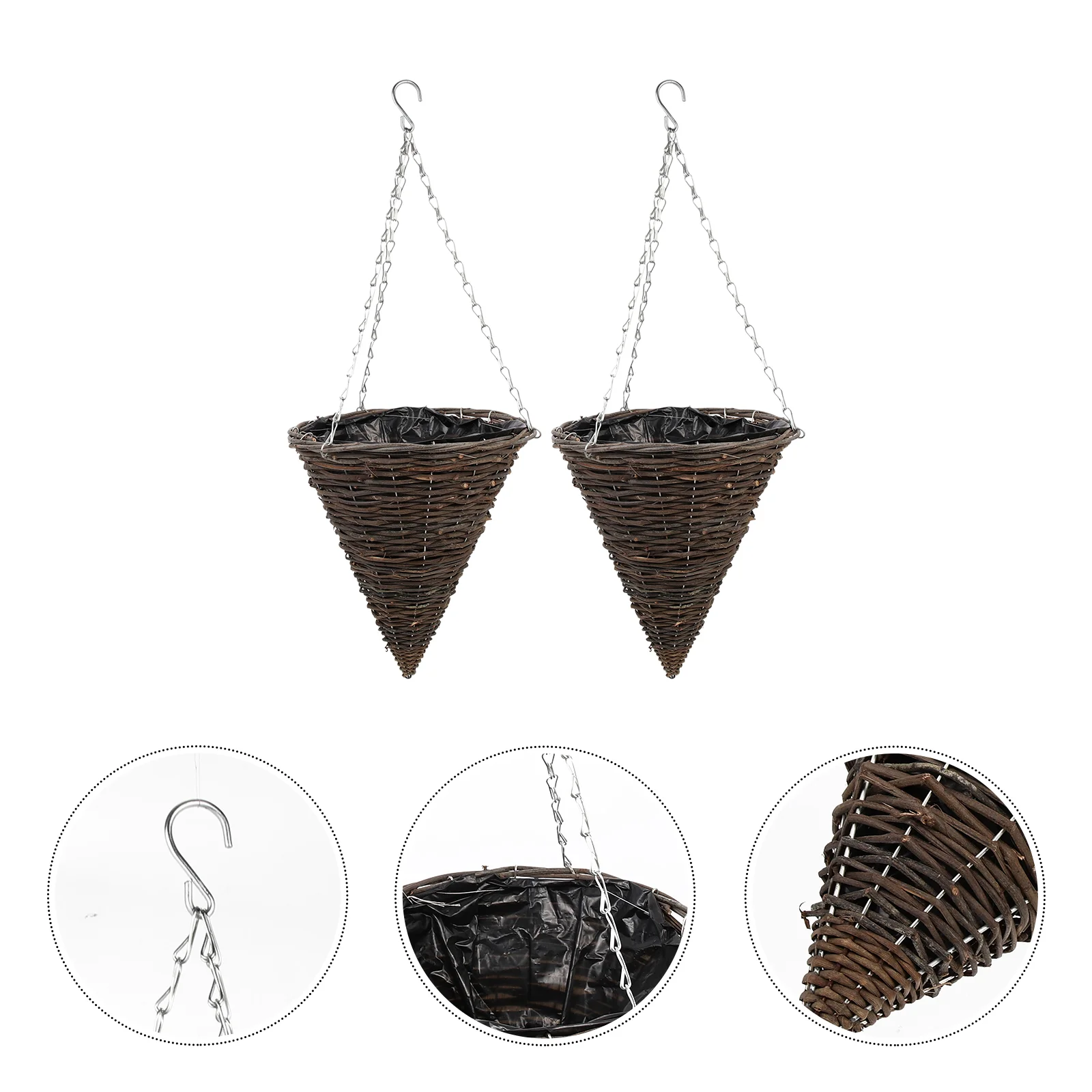 

2 Pcs Coconut Shell Rattan Hanging Planter Flower Basket Outdoor Decor Zinc Alloy Fiber Woven Arranging