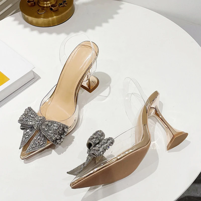 Liyke Fashion Crystal Sequined Bowknot Women Pumps Sexy Pointed Toe High Heels Wedding Prom Shoes Ladies PVC Transparent Sandals platform pumps