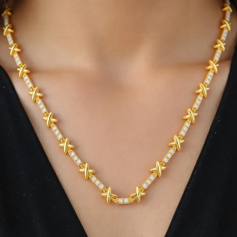 Light Luxury 18k Gold Plated Gemma Cubic Zirconia Jewelry Set for Women Elegant X Cross Choker Necklace Wedding Jewelry Gift