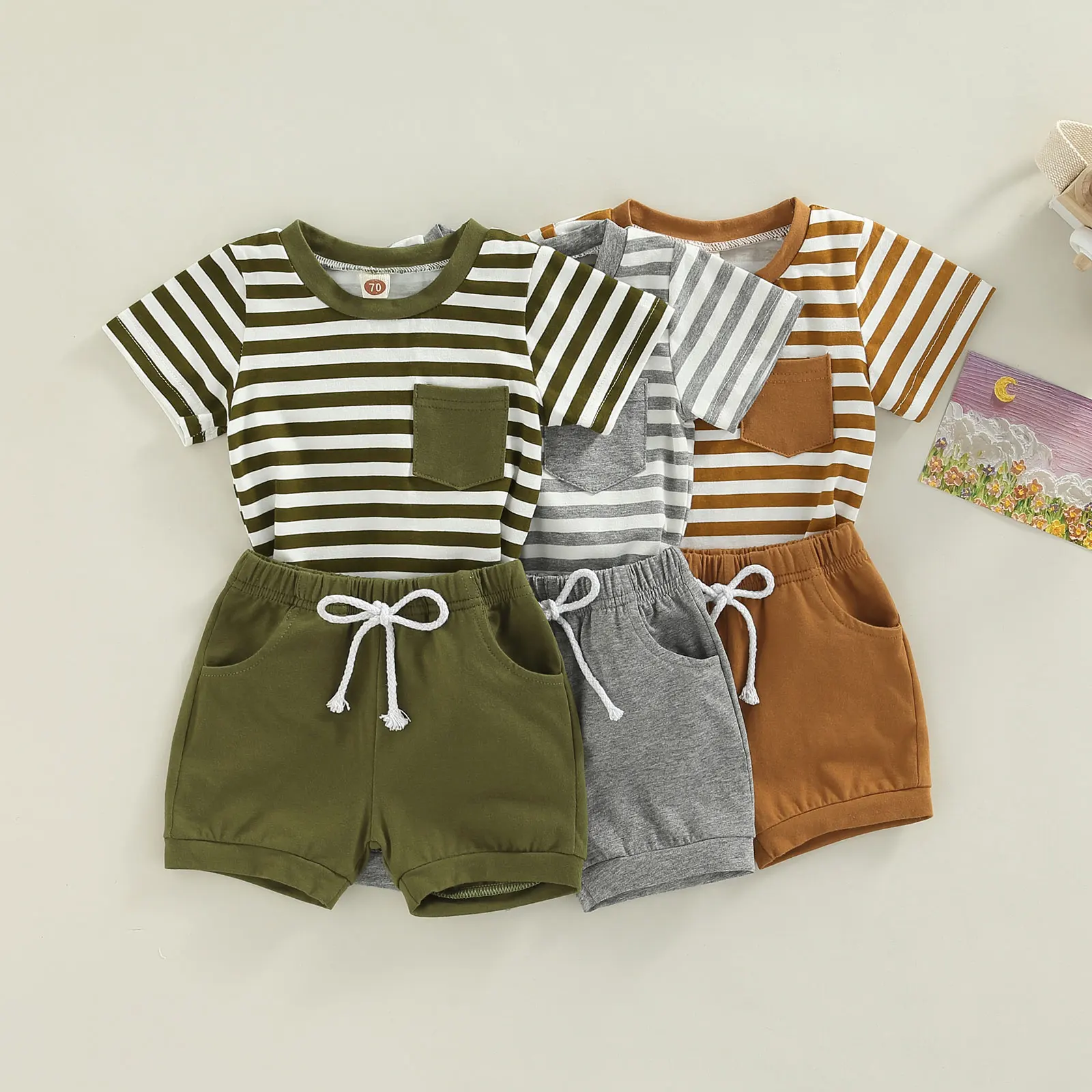 InfantBabyBoysShortSetShortSleeveStripesTshirtwithElastic
