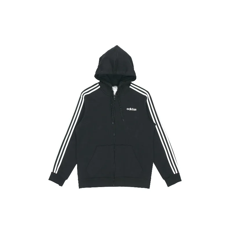 adidas ESSENTIALS 남성용 블랙 3-스트라이프 후드 재킷 플리스 웜 러닝 지퍼 아우터웨어-DQ3101