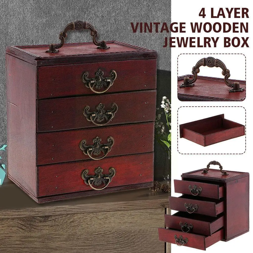 

Display Multi-functional For Women 4 Drawers Handmade Antique Large Capacity Bedroom Wooden Jewelry Box Portable Cabinet De V7D5