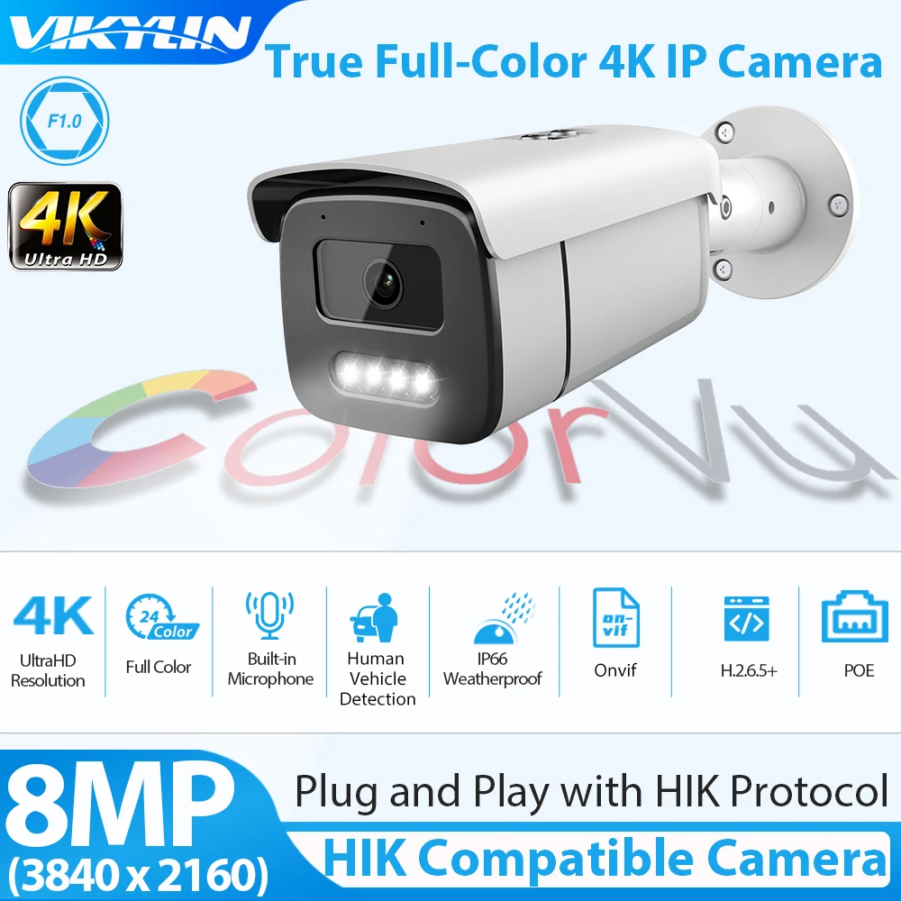 

Vikylin for Hikvision Compatible 4K 8MP Security IP Camera ColorVu POE Kamer Cam Human Vehicle Detection Plug Play With Hik NVR