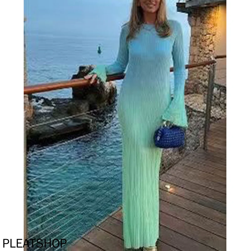 

Женское трикотажное платье-миди с градиентом, элегантное весеннее с круглым вырезом, с длинным рукавом, Женские Повседневные Вечерние платья, винтажная одежда