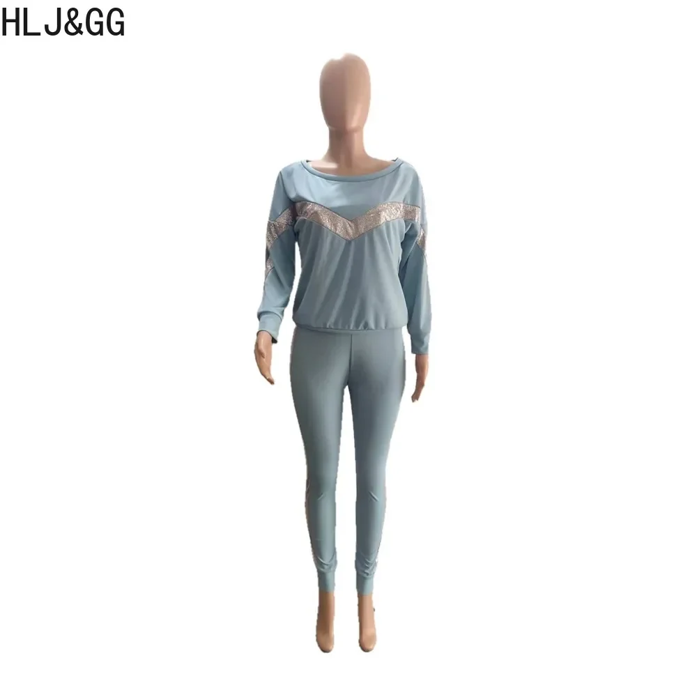 HLJ&GG Casual Sequin Splicing Two Piece Sets Women Round Neck Long Sleeve Top And Jogger Pants Tracksuits Female 2pcs Outfits