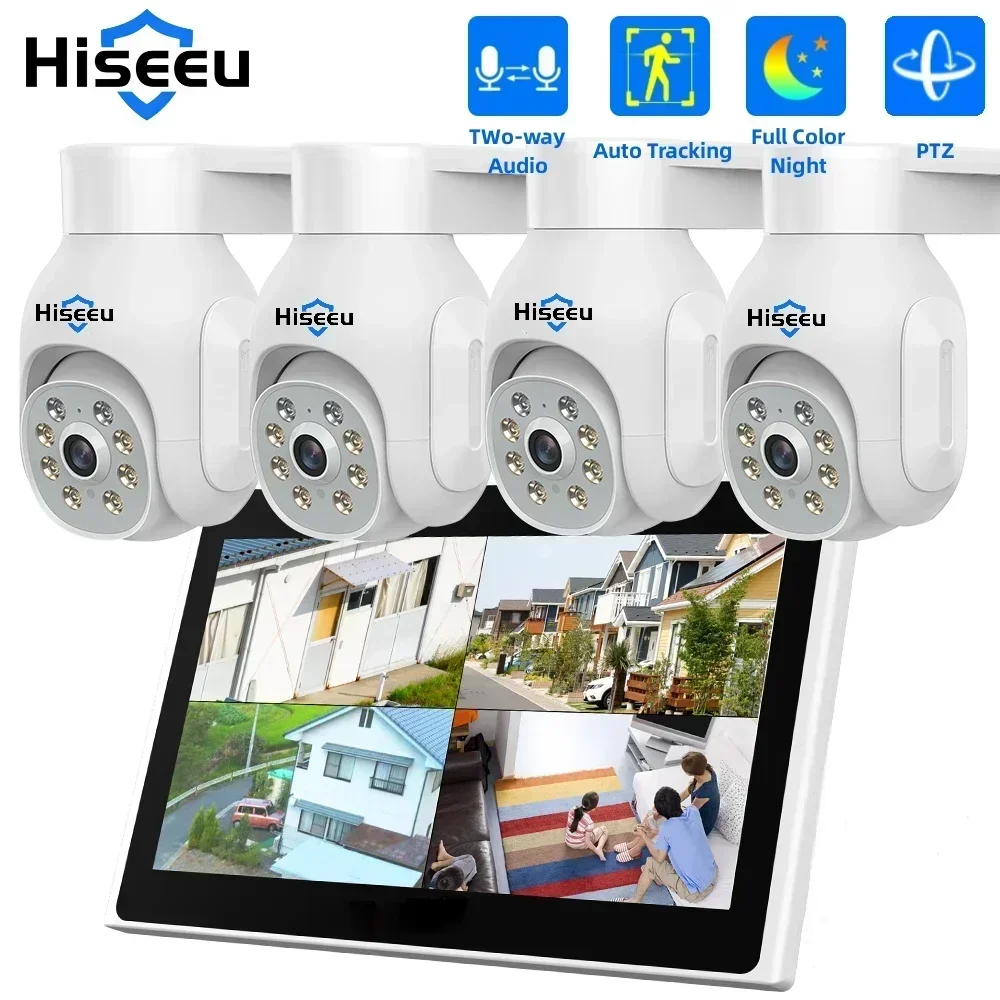 

Беспроводная внешняя водонепроницаемая IP-камера видеонаблюдения Hiseeu, 10 каналов, 3 Мп, с монитором 10,1 дюйма, сетевой видеорегистратор