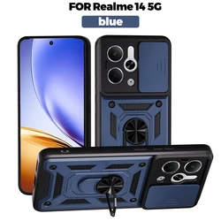 Enhanced Slide Camera Protection Phone Case with Magnetic Ring Holder and Armor Back Cover for Realme 14T 5G (Navy)