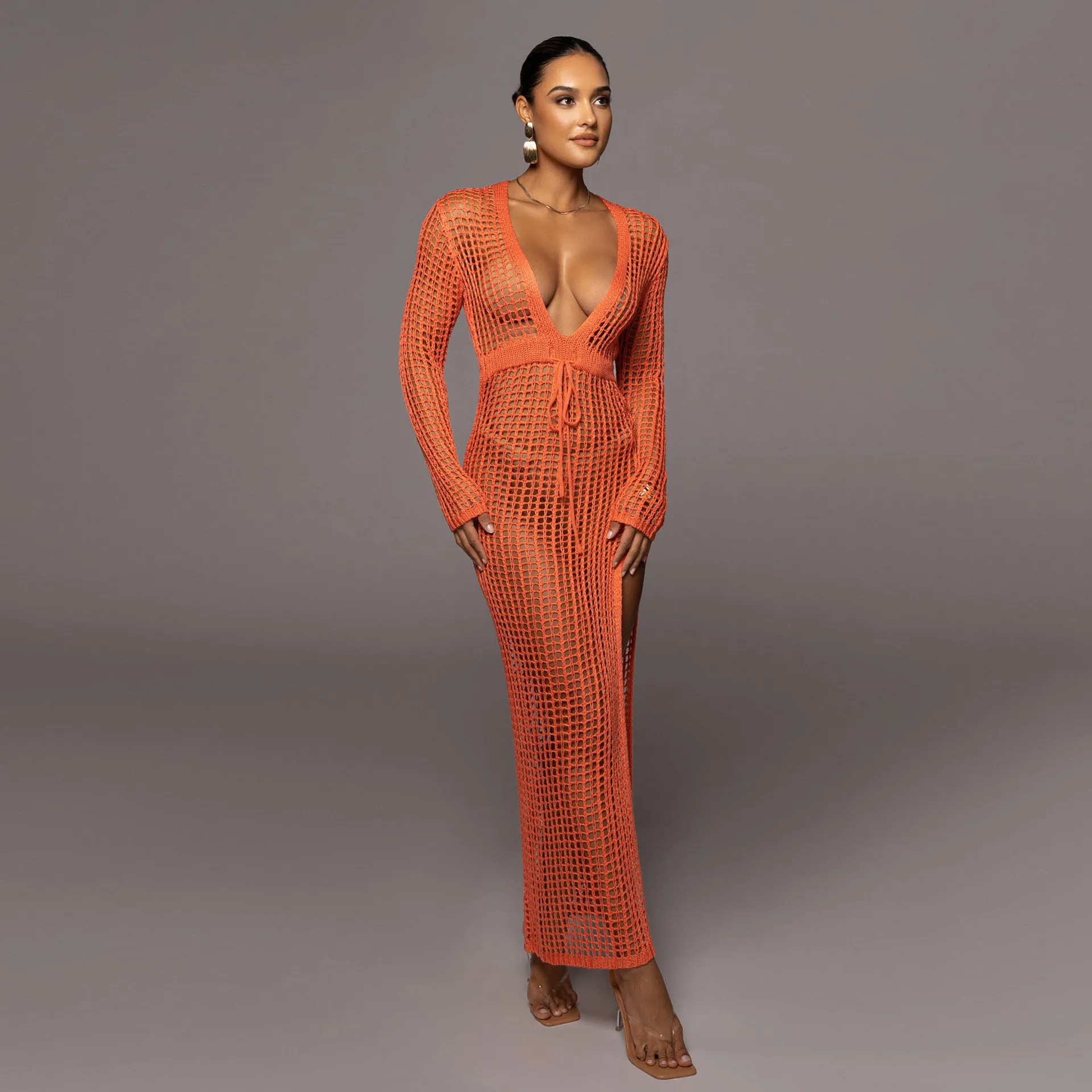 

High Split Knit Crochet Long Dress Women Long Sleeve Hollow-Out V-Neck Wrap Bodycon Dress Holiday Party Wear Beach Cover Ups