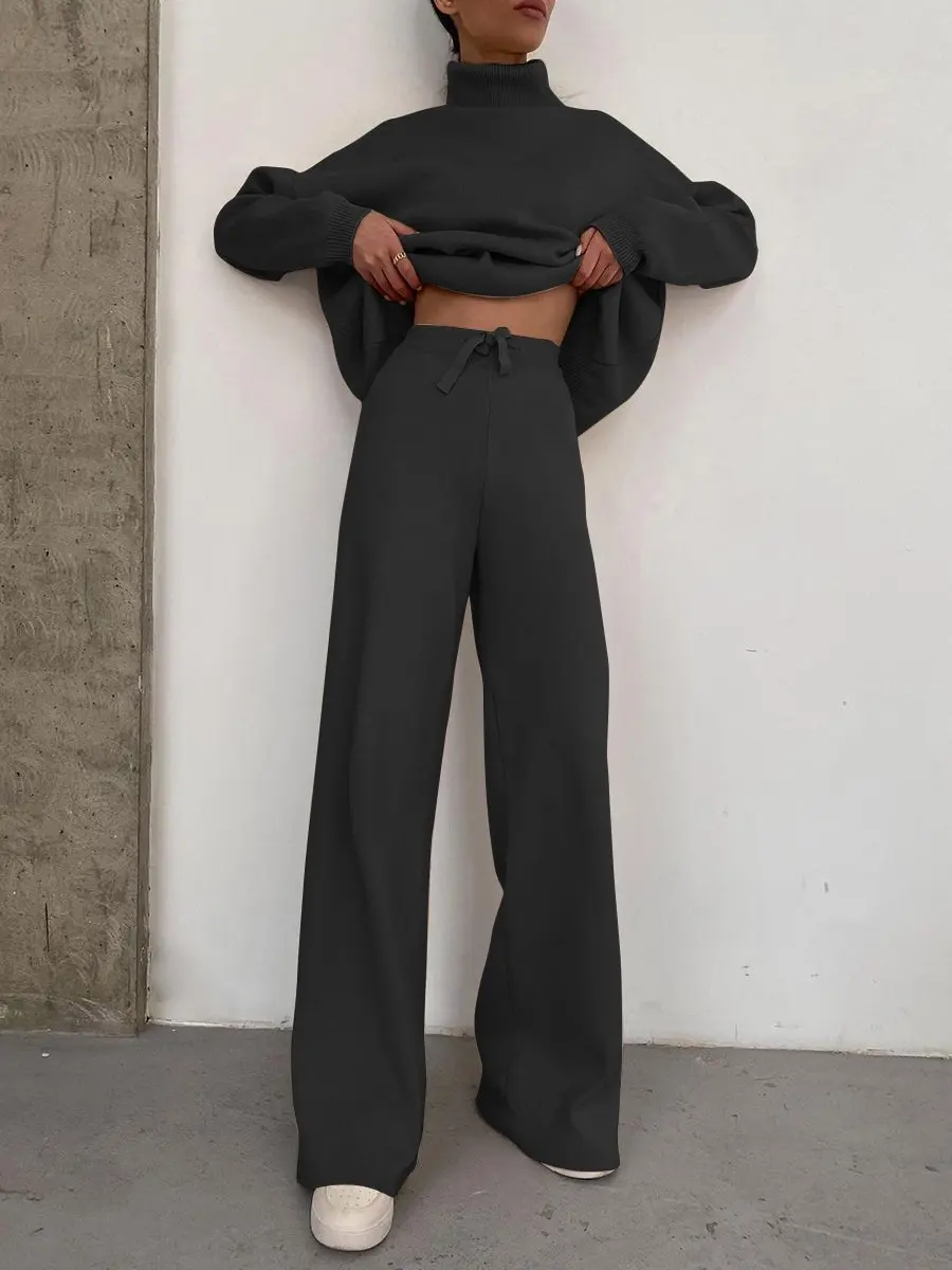 Sets for Women 2 Pieces 2023 Autumn Fashion Solid Color High Neck Long Sleeve sweatshirts & Casual High Waist Wide Leg Pants Set