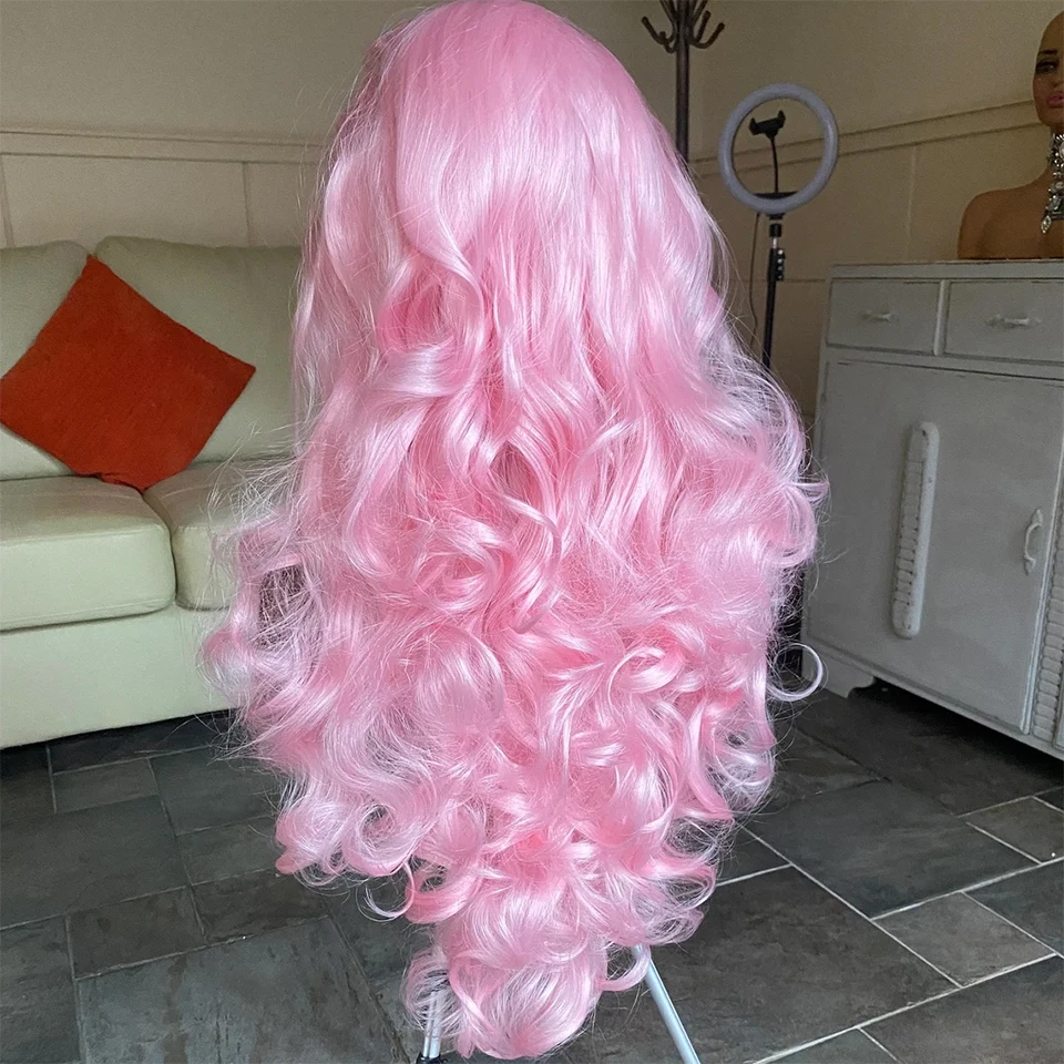 Long Body Wave Synthetic Lace Front Wigs Pink Colored Lace  display picture 3