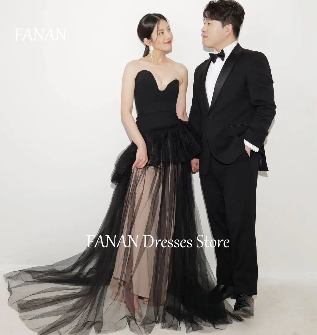 

FANAN Tulle Evening Party Dresses Korea Black Sweetheart Ruffles Corset Elegant Wedding Women Formal Gowns Event Prom Gowns