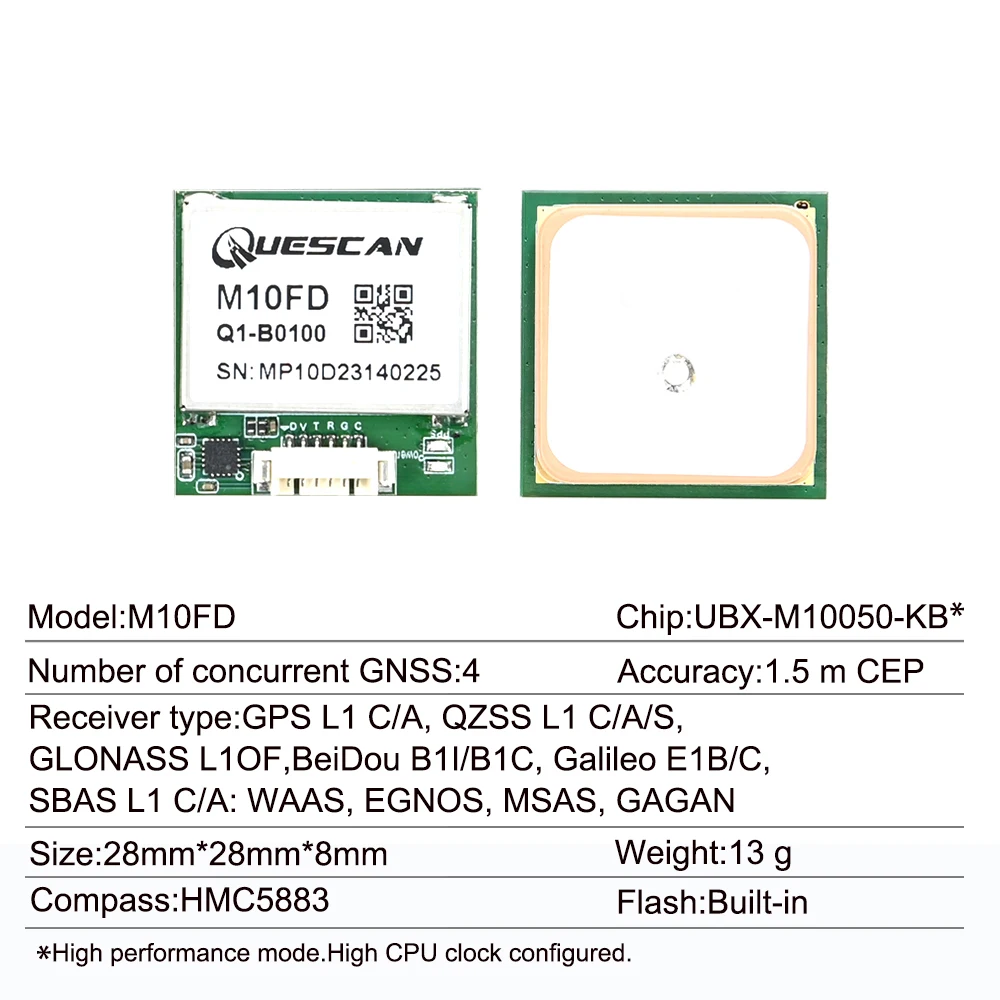 QUESCAN M10FD 10Hz FPV 드론 M10 GPS GNSS 모듈(나침반 비행 컨트롤러 포함) GPS GLONASS Galileo BeiDou UBX+NMEA 프로토콜