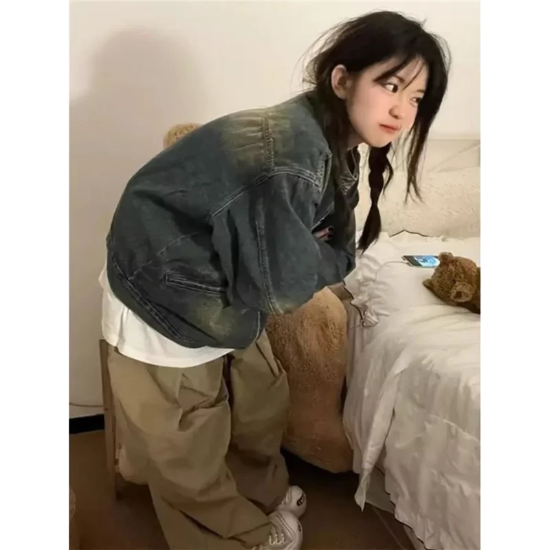 아메리칸 스타일 빈티지 워싱 데님 재킷 여성 루즈핏 캐주얼 지퍼 재킷 탑 트렌디 숏 아우터 여성 프리미엄