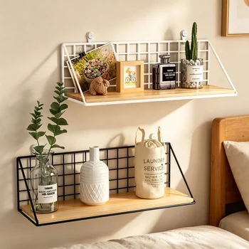 Wood Wall Mounted Shelves Without Drilling - Hanging Storage Shelf & Decoration Rack for Living Room Bedroom Organizers​ 1