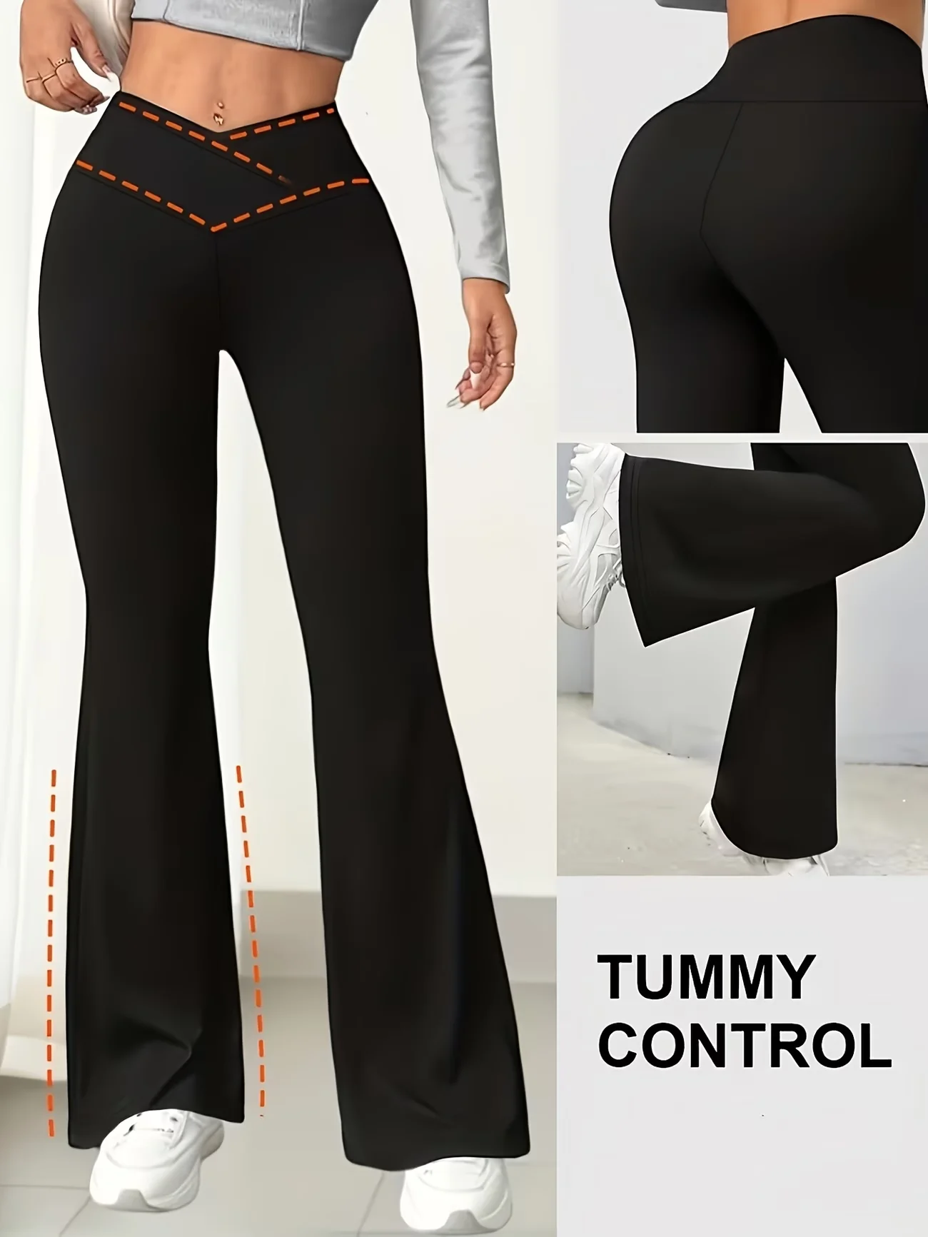 Cross-Waist Yoga Flare-Hose Einfarbig Atmungsaktiv Taillenformer Po-Lifting Bauchkontrolle Hose Frühling Herbst Alltags-Leggings – Detail 3