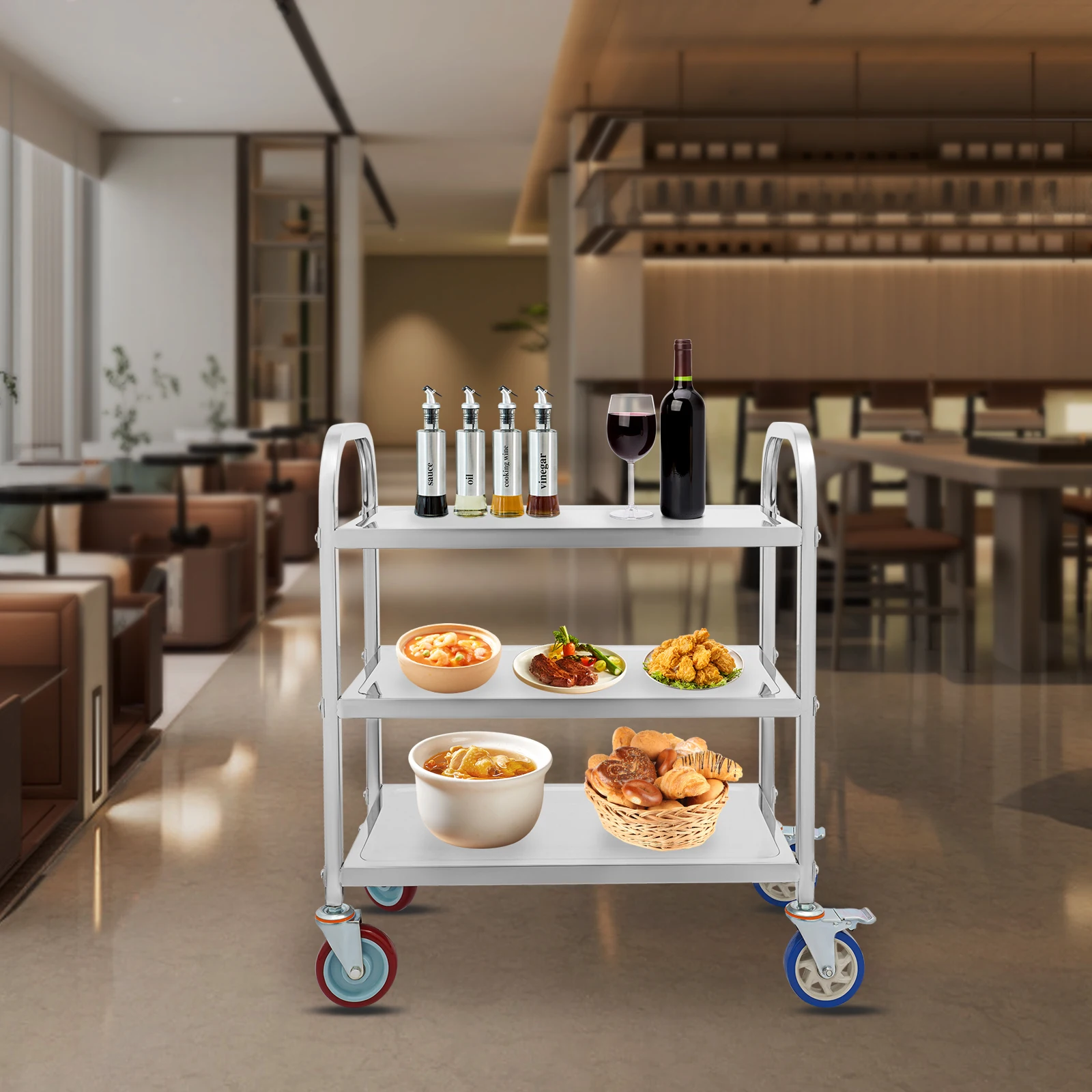 3 Tier Stainless Steel Kitchen Trolley Cart Utility Serving Storage Rolling Car Shelf Kitchen Trolley Car Cart