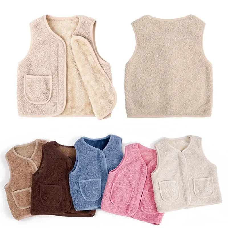 Autumn Winter Baby Lamb Wool Warm Waistcoat Girls Boys Plush Vest Single Breasted Double Layer Child Warm Fashion Warm Coat