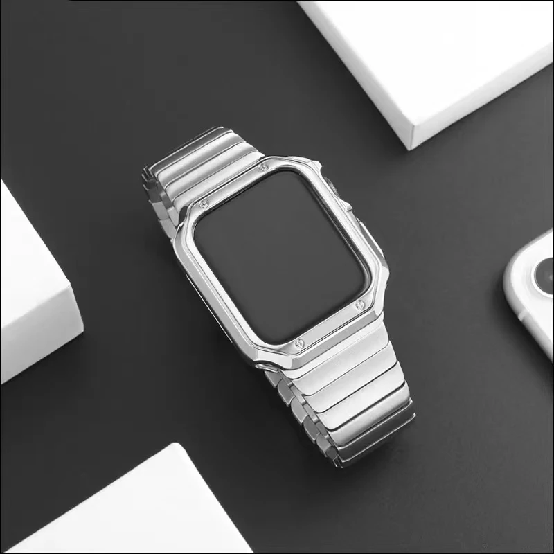 Sleek Stainless Steel Watch Strap with Soft TPU Protective Case