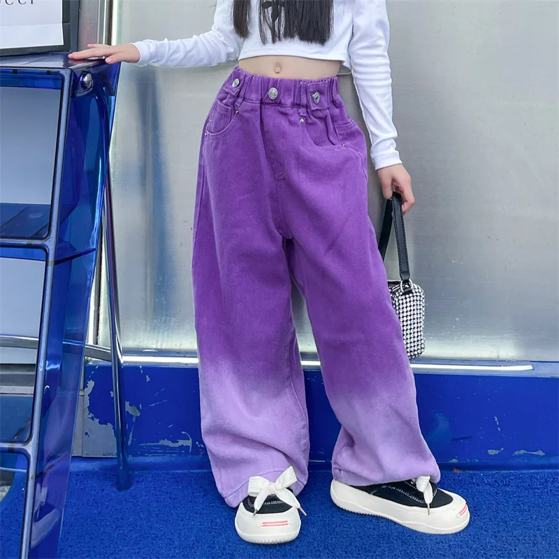 Jeans for Girls Autumn Casual Loose Gradient Color Young Children Wide Leg  Pants 12 13 14