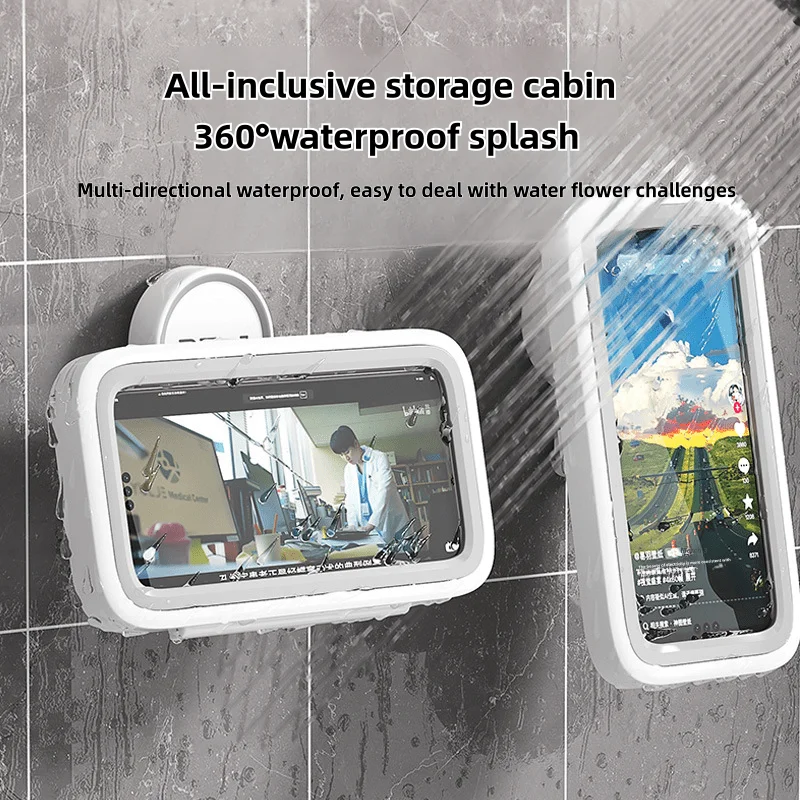 Waterproof Anti-Fog Wall-Mounted Phone Holder 480&deg; Rotation with Suction Cup-Flexible ABS Bathroom Storage Case,Up To 6.8In