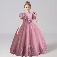 Shiny Toddler Little Big Girls Puff Sleeves Wedding Flower Girl Birthday Party Pageant Formal Graduation Ceremony Easter Dress 1