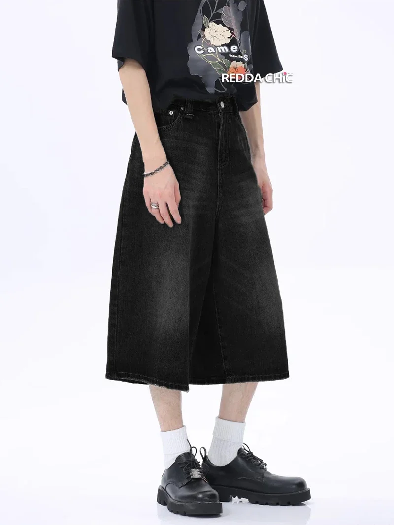 

REDDACHiC Retro Black Whiskers Denim Shorts Men Distressed Frayed Baggy Jorts Casual Wide Leg Short Pants Hiphop Y2k Streetwear