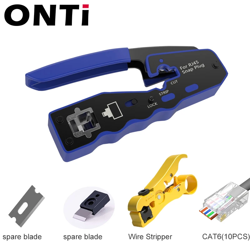 ONTi RJ45 Crimp Tool Pass Through Crimper for Crimping Cat8/7/6/5 Cat5e Connector with Replacement Blade Ethernet Cable Stripper elegiant cable tester Networking Tools