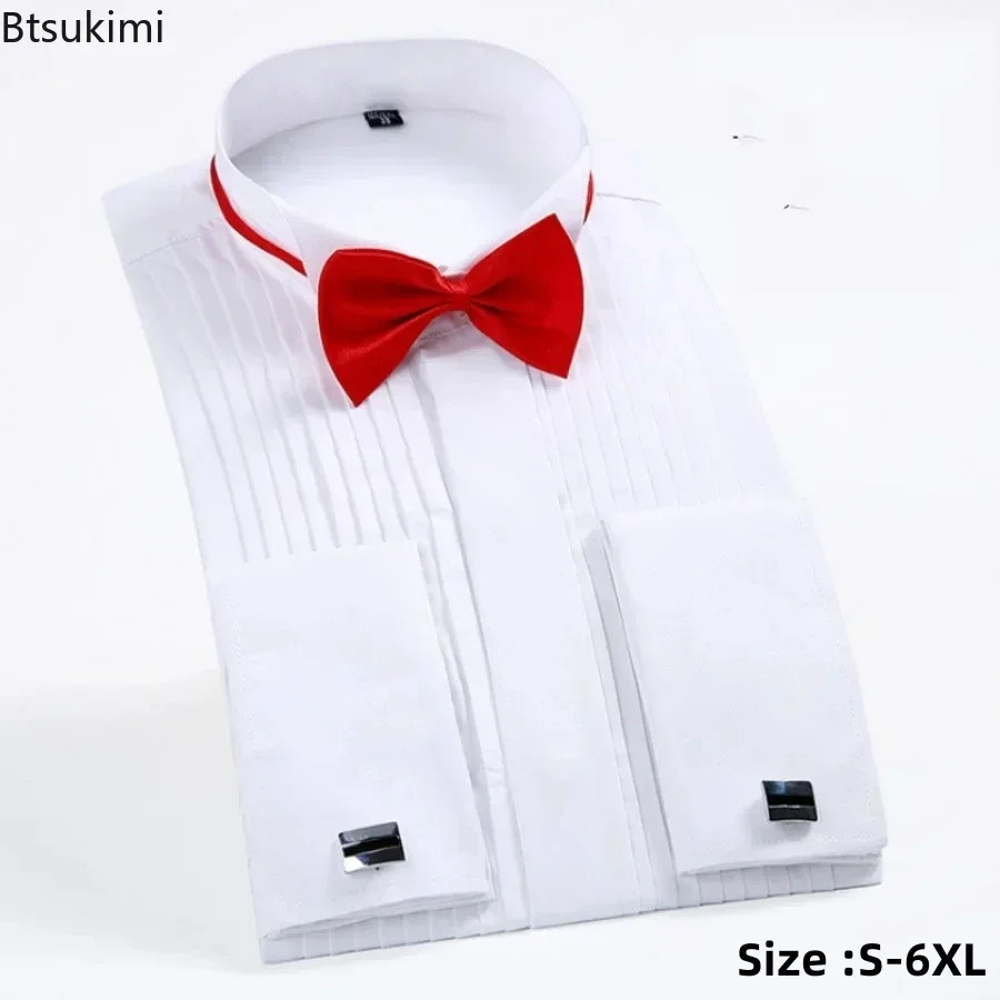 Mens Dress Shirt Men Wedding Party Club Dress Shirts with Bowtie Slim Fit Solid Wing Tip Collar Tuxedo Shirt Long Sleeve Tops