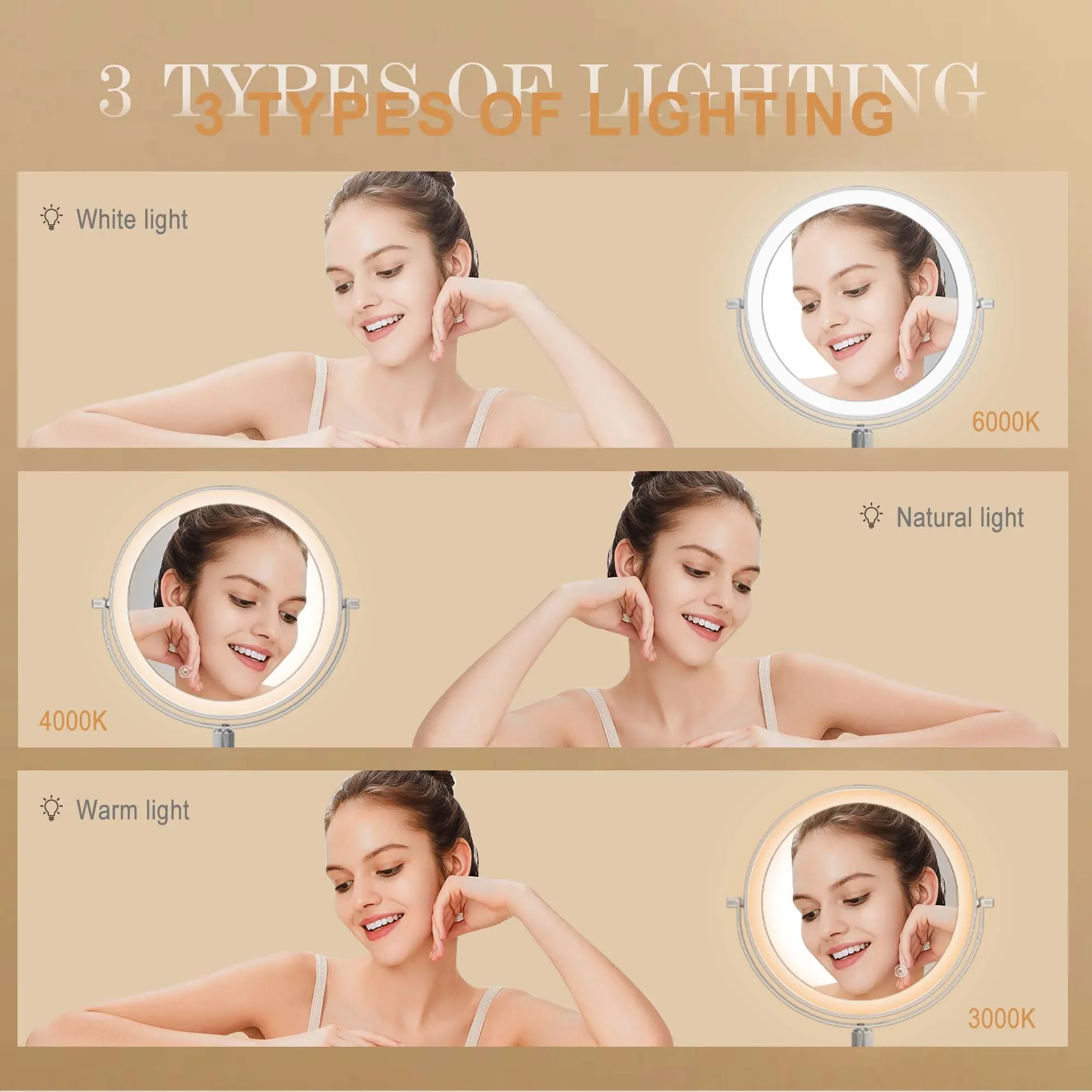 Adjustable USB Charging Led Tricolor Dimming Bathroom Cosmetic Mirrors Wall Folding Makeup HD Mirror with Lights Magnifying