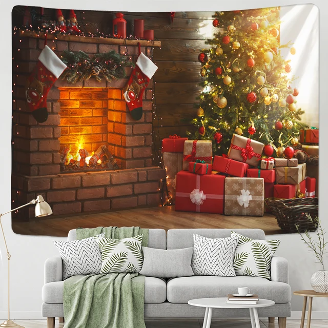 Fireplace Christmas Tree Tapestry Present Wall Decoration