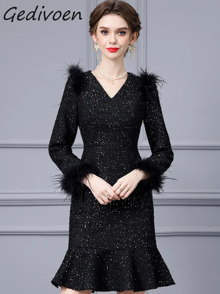 

Gedivoen Autumn Fashion Runway Black Luxury Mermaid Dress Women V Neck Feather Sequin High Waist Package Buttock Slim Mini Dress