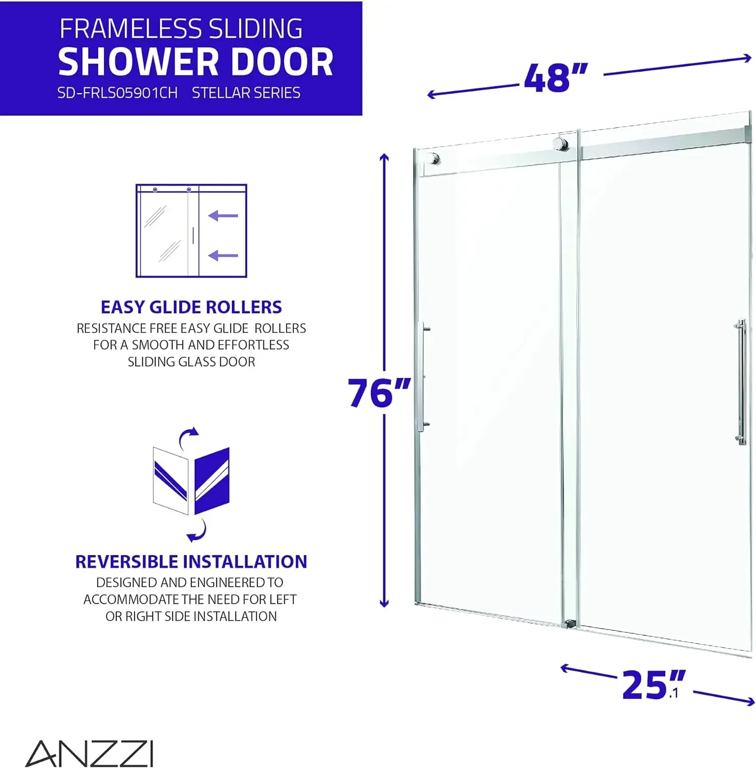 76" x 48" Frameless Shower Door in Polished Chrome Stella Water Repellent Glass Shower Door with Seal Strip Parts and Handle