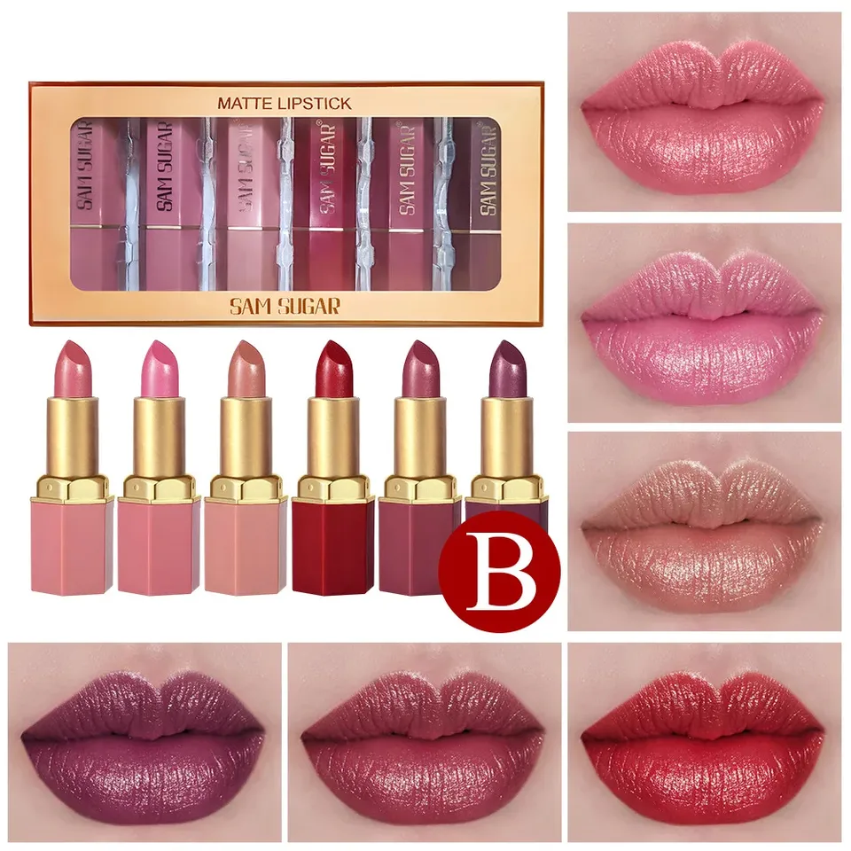 SAM SUGAR 6pcs Lipstick Set - Matte & Shiny Diamond Finish Long-Lasting Non-Sticky Moisturizing Velvet Sexy Red Colors Lip Kit