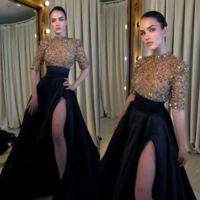 

High Collar Gold Sequin Evening Dresses Short Sleeves Empire Waist Slim Fit Prom Dress with Slit Formal Party Gown