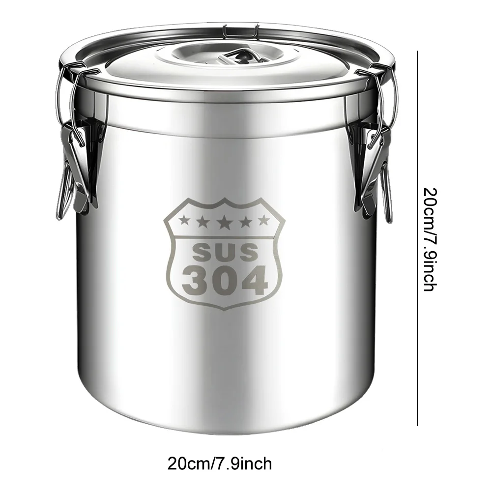 6/12/21/33L 304 Stainless Steel Airtight Canister with Lid Food Oil Sugar Milk Storage Bucket w/Handles for Home Kitchen