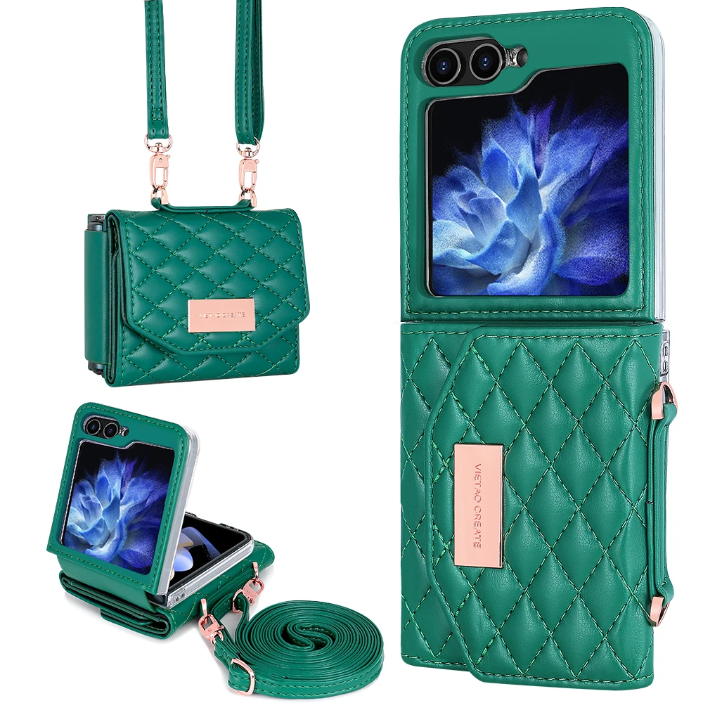 Crossbody Kaarten Solt Lieder Portemonnaie Hülle fir Samsung Galaxy Z Flip 6 5 4 3 5G Flip6 Flip5 Riemen Diamant Dräifach Falt Täsch Cover_voghion.com